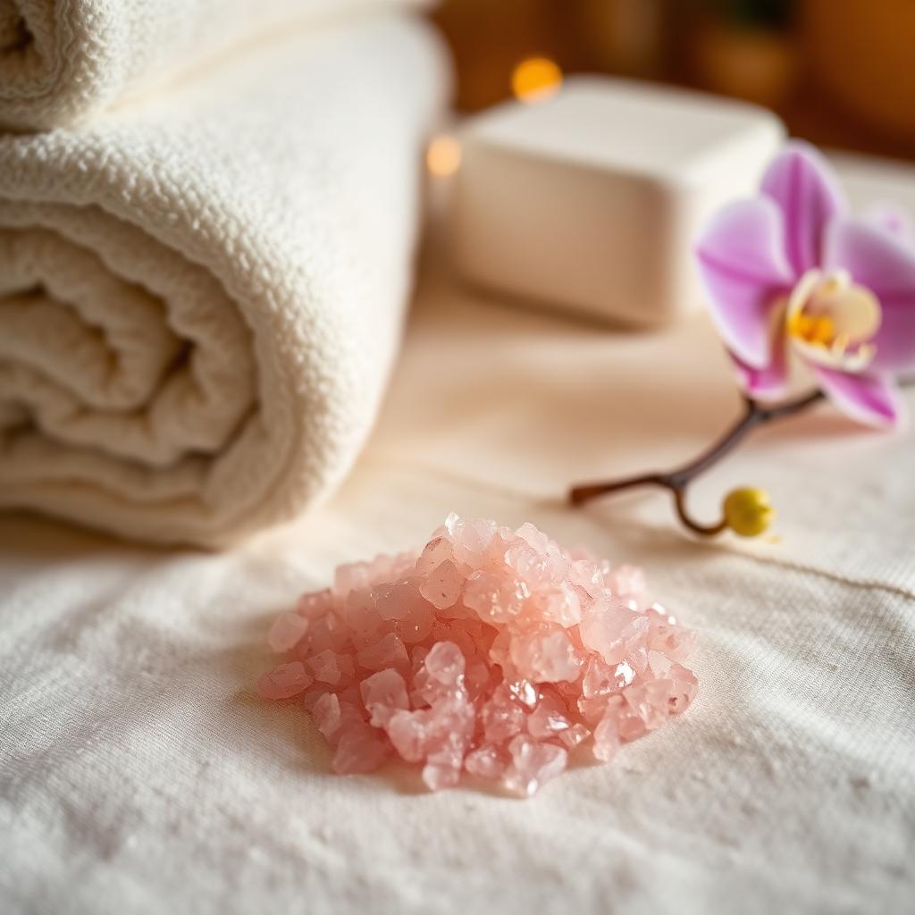 Pink Himalayan salt crystals and cream towel at Allt House in Port St. Lucie