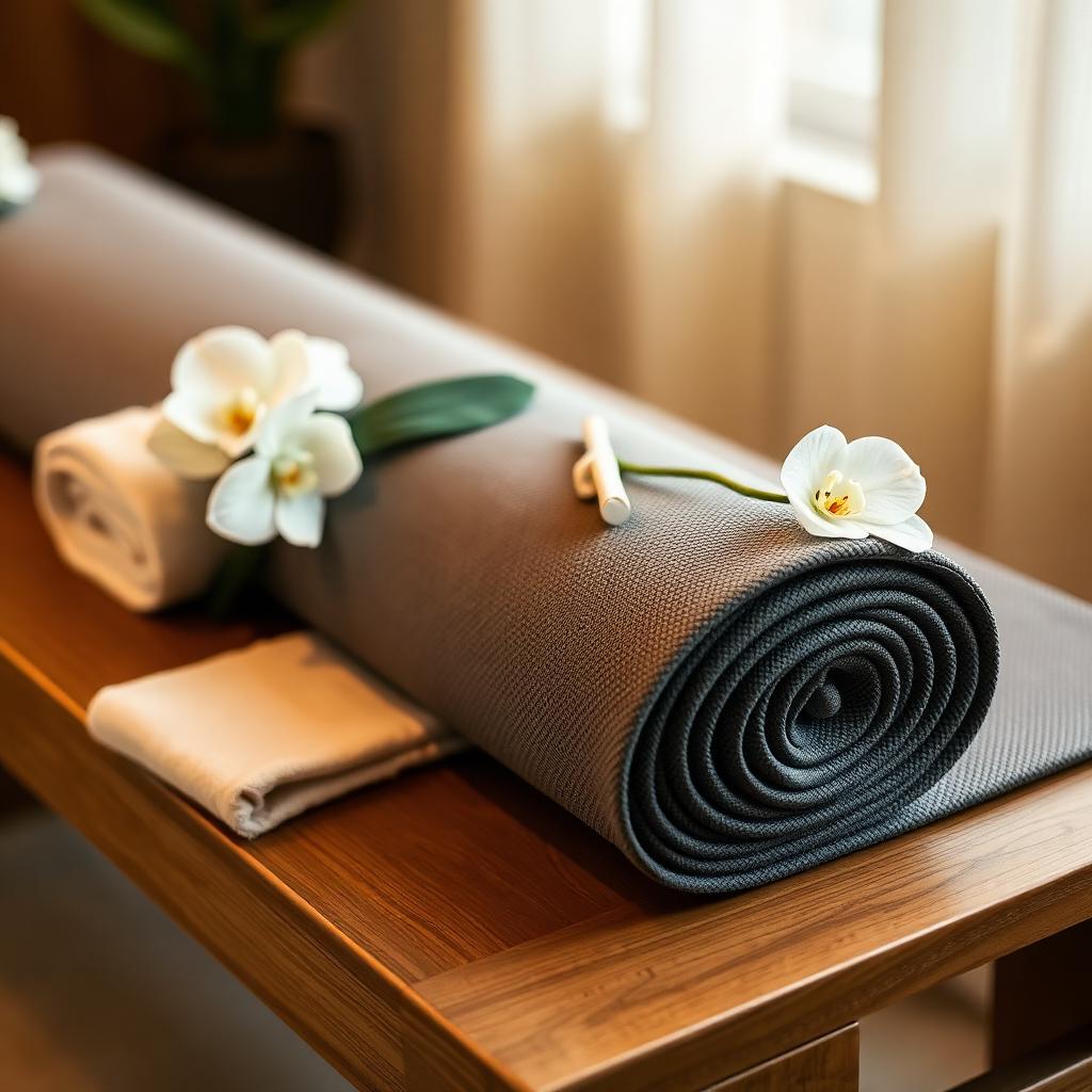 Rolled PEMF therapy mat and cream towel at Allt House in Port St. Lucie