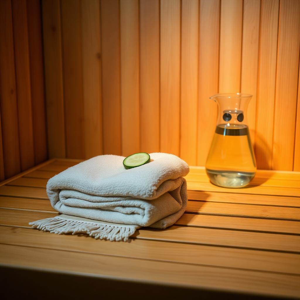 Folded cream towel and carafe of infused water inside an infrared sauna at Allt House in Port St. Lucie